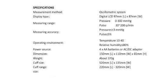 Specifications of an oscillometric blood pressure monitor on a white background