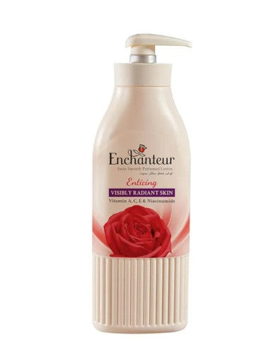 A bottle of Enchanteur Edging Visibly Radiant Skin cream with a pump dispenser, featuring a cream-colored bottle, a red rose graphic, and a purple accent band on the label, set against a plain white background.