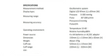 Specifications of an oscillometric blood pressure monitor on a white background