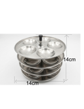Stainless steel serving tray with compartments and dimensions on a white background