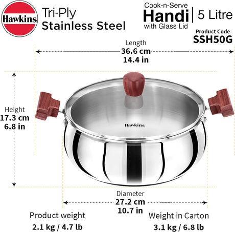 HAWKIN  TRI-PLY  HANDI WITH GLASS LID 5L(SSH50G)