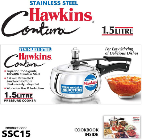 HAWKINS CONTURA STAINLESS STEEL PRESSURE COOKER  1.5L (SSC15)
