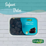 Packaged Safawi Dates with Barari branding on a light blue background