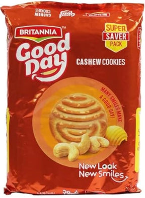 Pack of Britannia Good Day Cashew Cookies with a red background