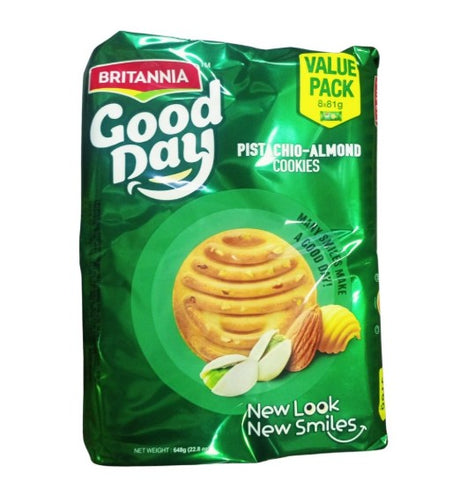 Green package of Britannia Good Day Pistachio-Almond Cookies on a white background