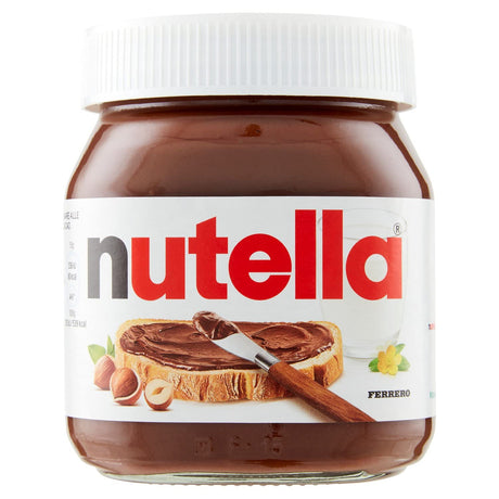 Jar of Nutella with a white lid on a white background