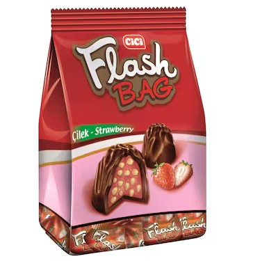 Red package of Cacique Flash Bag Golek Strawberry chocolate candies 