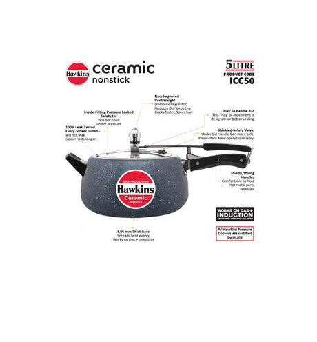 HAWKINS PRESSURE COOKER NON-STICK CERAMIC 5L (ICC50)