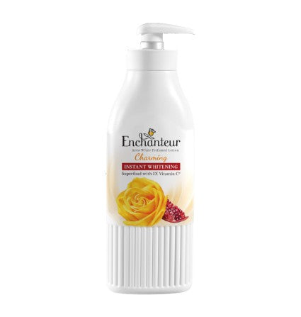 A white bottle of Enchanteur Clarinsifying Instant Whitening shampoo with a pump dispenser, featuring a yellow rose and pomegranate graphic on the label, set against a plain white background.