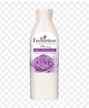 A bottle of Enchanteur perfume body lotion with the label 'Alluring' and a picture of a purple rose on the front.