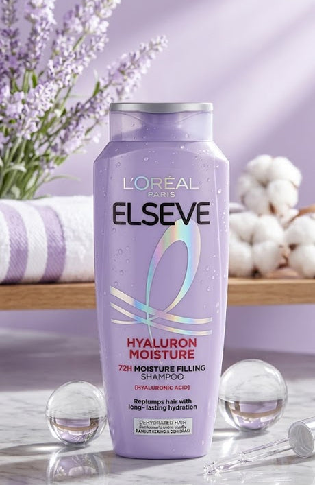 A bottle of L'Oréal Paris Elseve Hyaluron Moisture 72H Moisture Filling Shampoo, 