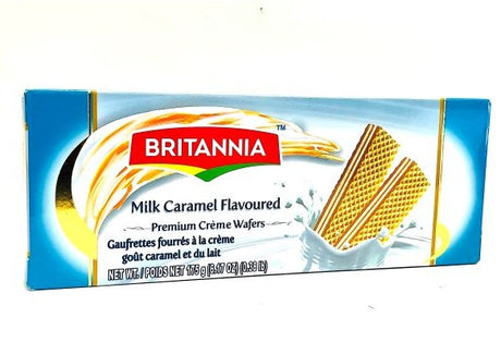 Box of Britannia Milk Caramel Flavoured Premium Crème Wafers on a white background