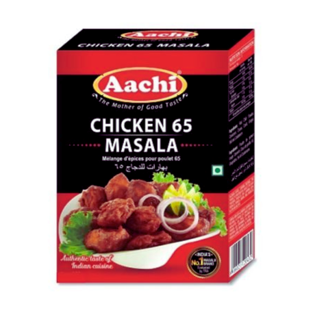 Aachi Chicken 65 Masala spice mix packaging on a white background