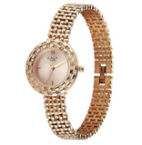 Rose gold watch with diamond-studded bezel on a white background