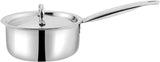 Stainless steel saucepan with lid on a white background