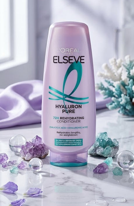 A bottle of L'Oréal Paris Elseve Hyaluron Pure 72HR Rehydrating Conditioner