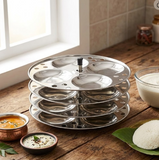 A stainless steel multi-tier idli maker steamer set