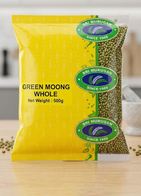 A 500g bag of Sri Murugan Green Moong Whole dal