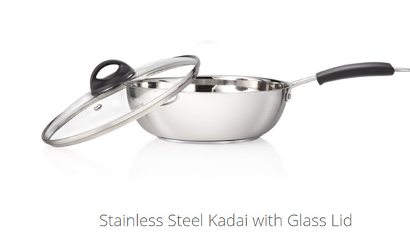 PREMIER STAINLESS STEEL KADAI WITH GLASS LID- LONG HANDLE 24CM