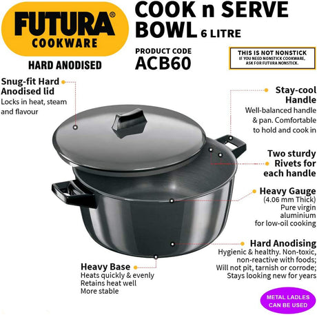 HAWKINS HARD ANODISED COOK-N-SERVE BOWL 6L- 27CM (ACB60)