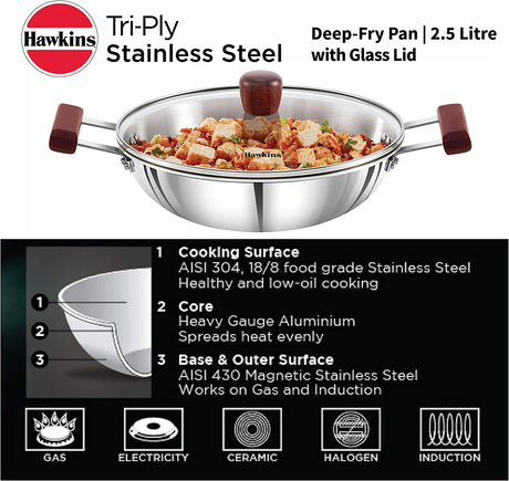 HAWKINS 2.5L TRI-PLY STAINLESS STEEL DEEP FRY PAN WITH LID (SSD25G)