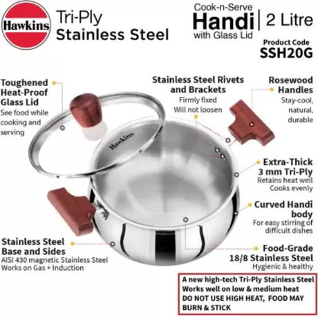 HAWKINS 2L TRI-PLY STAINLESS STEEL HANDI WITH GLASS LID (SSH20G)