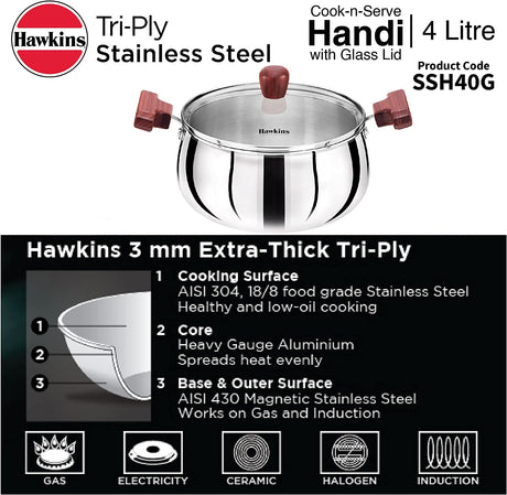 HAWKIN 4L TRI-PLY SS HANDI WITH GLASS LID (SSH40G)