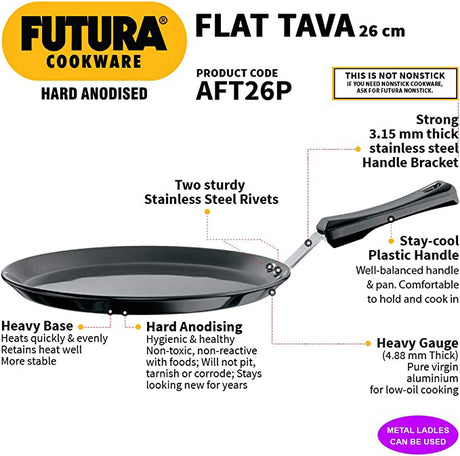 HAWKINS HARD ANODISED FLAT TAVA 26CM WITH PLASTIC HANDLE (AFT26P)